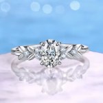 Elegant 18K 925 Sterling Silver 1CT Oval Cut Full Moissanite Leaf Design Ring (Size 5-9)