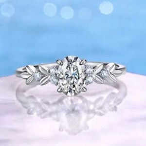 Elegant 18K 925 Sterling Silver 1CT Oval Cut Full Moissanite Leaf Design Ring (Size 5-9)
