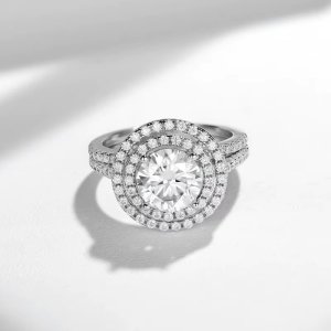 18K 925 Sterling Silver 2CT Round Cut Full Moissanite Halo Ring Set (Size 5-10)