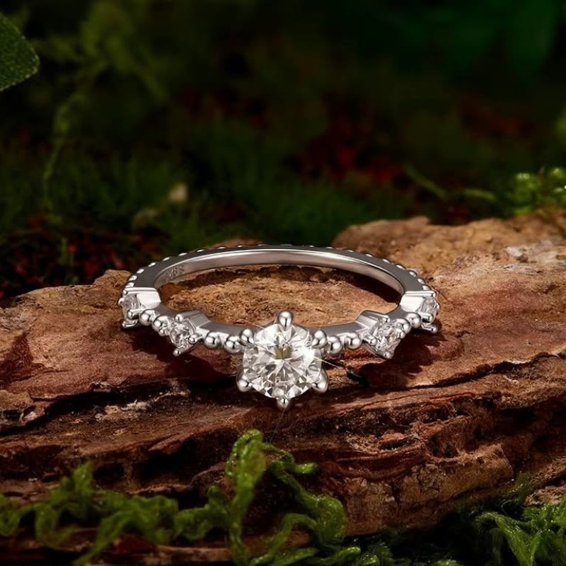Elegant 18K 925 Sterling Silver 0.5CT Moissanite Beaded Design Ring (Size 6-8) - Image 2