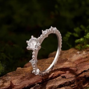 Elegant 18K 925 Sterling Silver 0.5CT Moissanite Beaded Design Ring (Size 6-8)