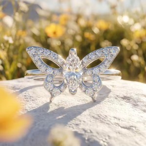 18K 925 Sterling Silver Marquise Cut Moissanite Butterfly Design Ring (Size 6-8)