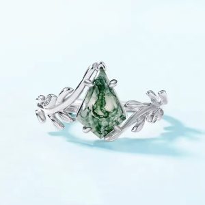 18K 925 Sterling Silver 3CT Kite Cut Natural Moss Agate Branch Ring (Size 6-8)