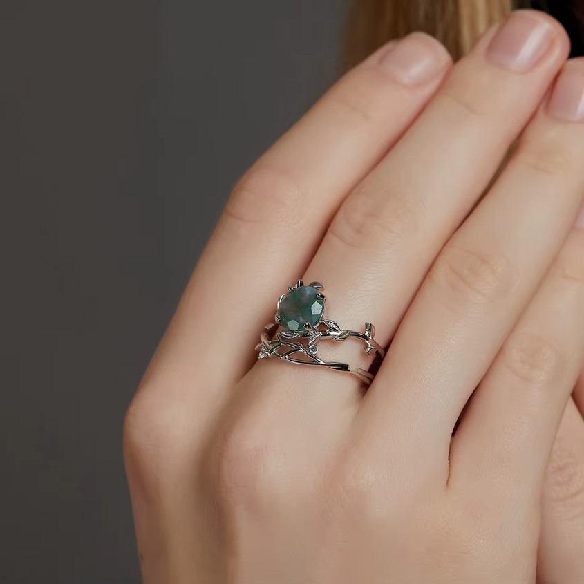 2*PC 925 Sterling Silver 2CT Natural Moss Agate Adjustable Branch Ring Set (6-7) - Image 5