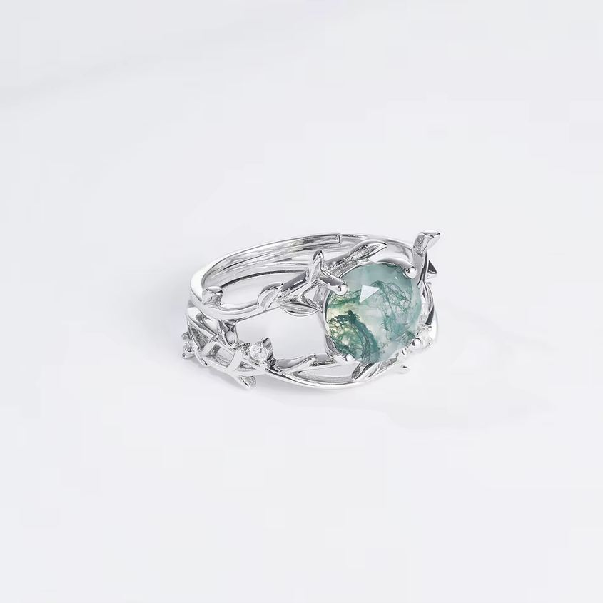 2*PC 925 Sterling Silver 2CT Natural Moss Agate Adjustable Branch Ring Set (6-7) - Image 4
