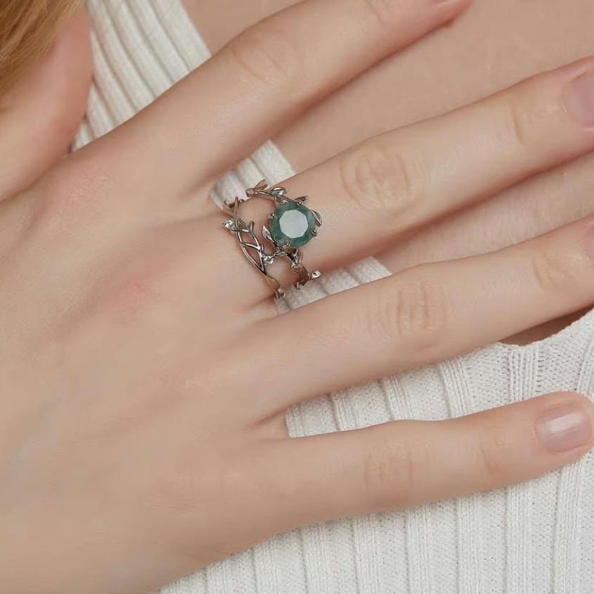 2*PC 925 Sterling Silver 2CT Natural Moss Agate Adjustable Branch Ring Set (6-7) - Image 3