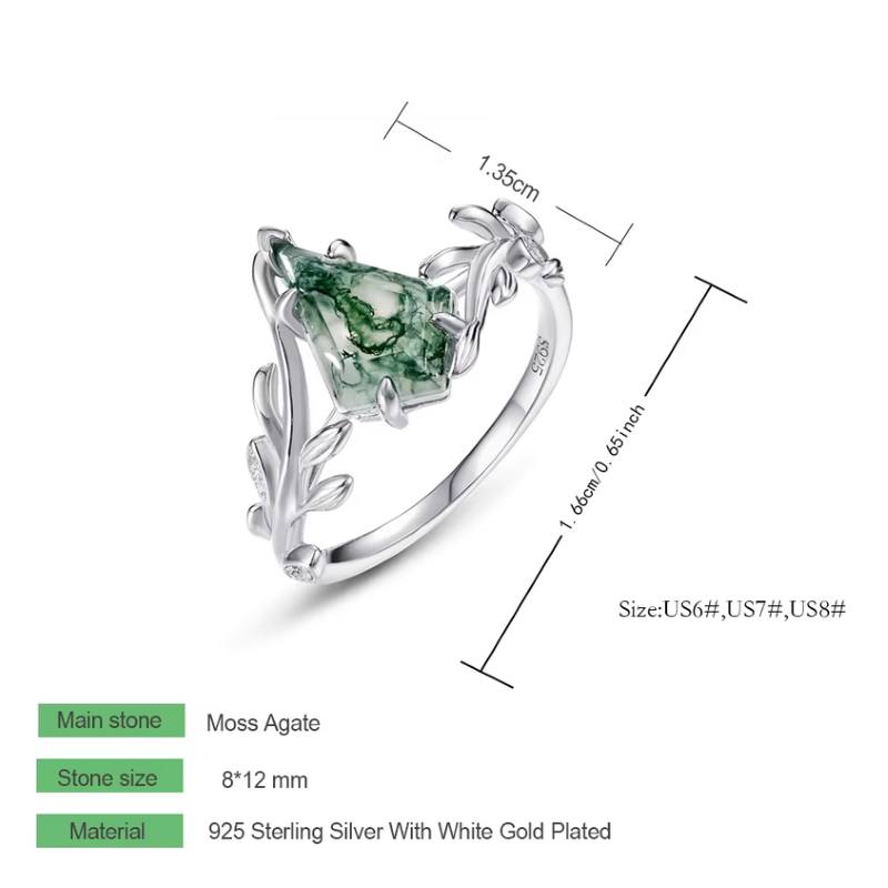 18K 925 Sterling Silver 3CT Kite Cut Natural Moss Agate Branch Ring (Size 6-8) - Image 3