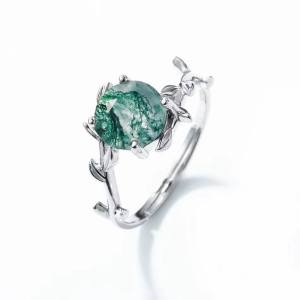 2*PC 925 Sterling Silver 2CT Natural Moss Agate Adjustable Branch Ring Set (6-7)