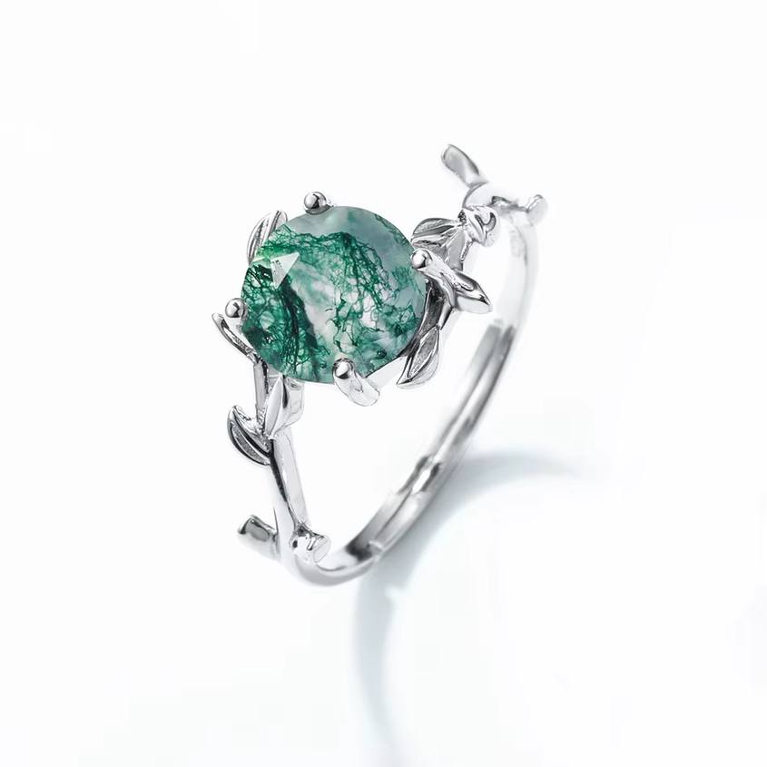 2*PC 925 Sterling Silver 2CT Natural Moss Agate Adjustable Branch Ring Set (6-7)