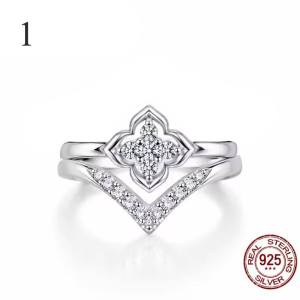 Elegant 18K 925 Sterling Silver Full Moissanite V-Shape Clover Ring Set (5.75-8)